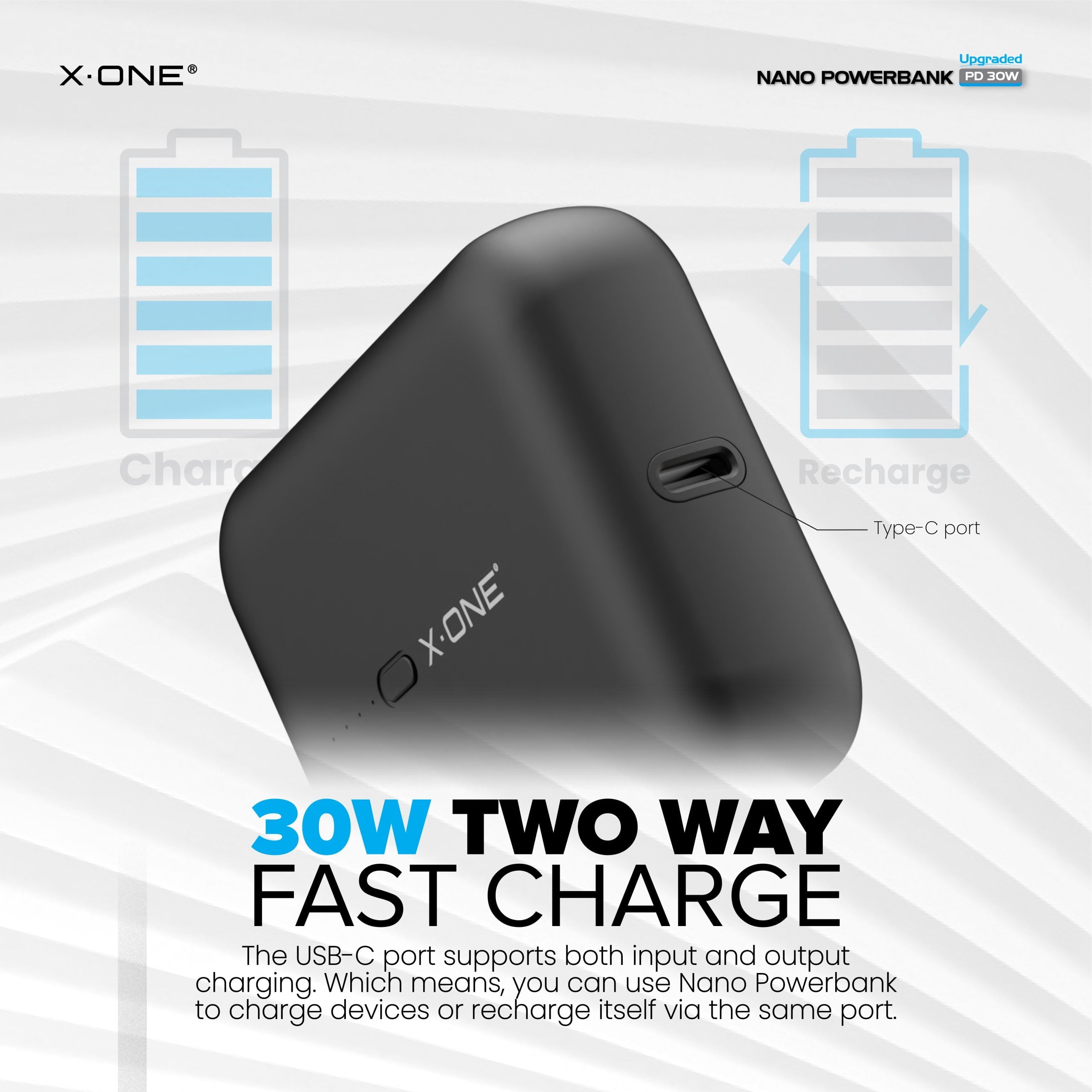 X.One® PD3.0 30W 10000mAh Nano Powerbank for iPhone PD Fast Charge | Samsung Super Fast Charge | Huawei Super Charge 22.5W | QC4+